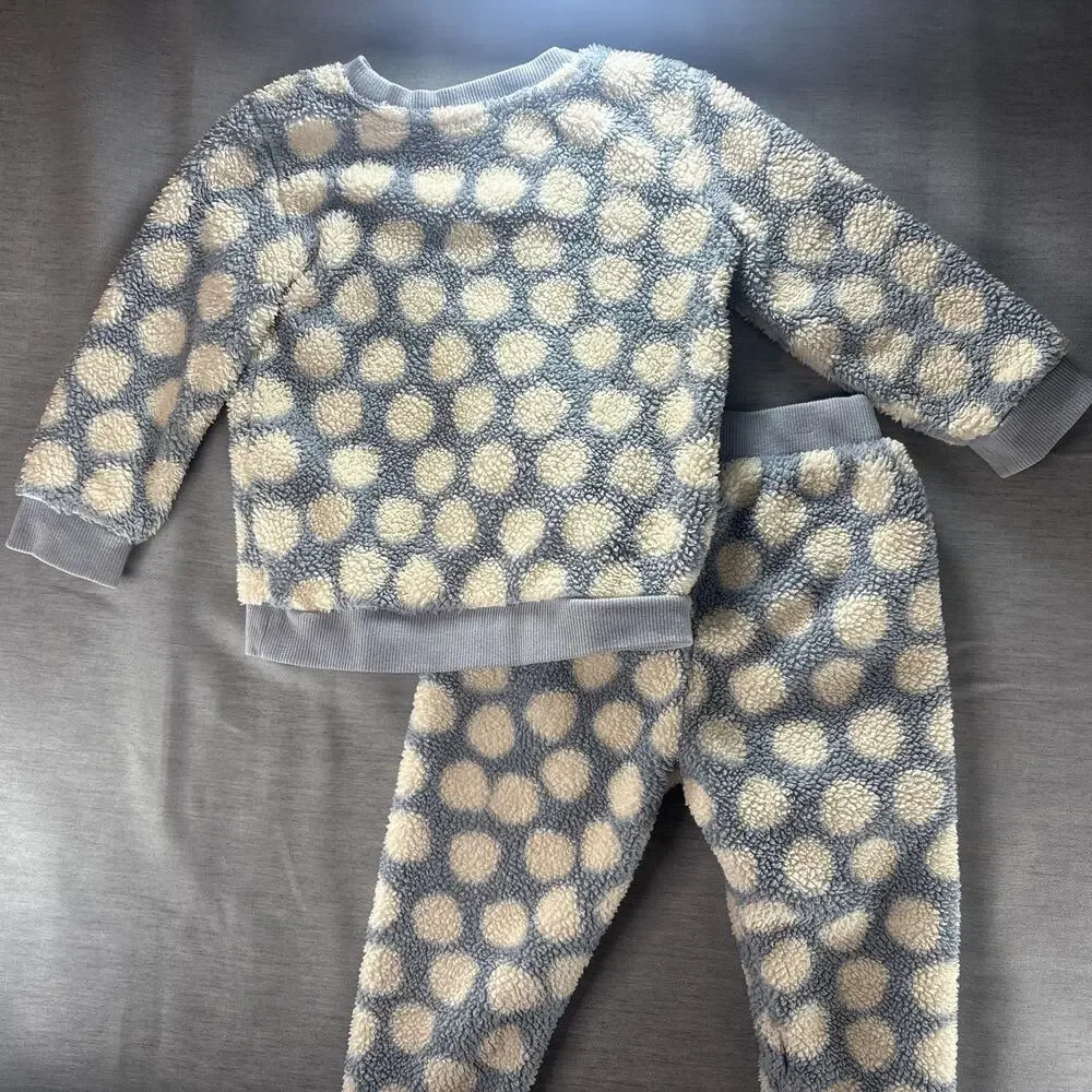 Hanna Andersson 3T Blue White/Cream Polka Dot Fleece‎ 2pc Outfit Set Pants Fuzzy